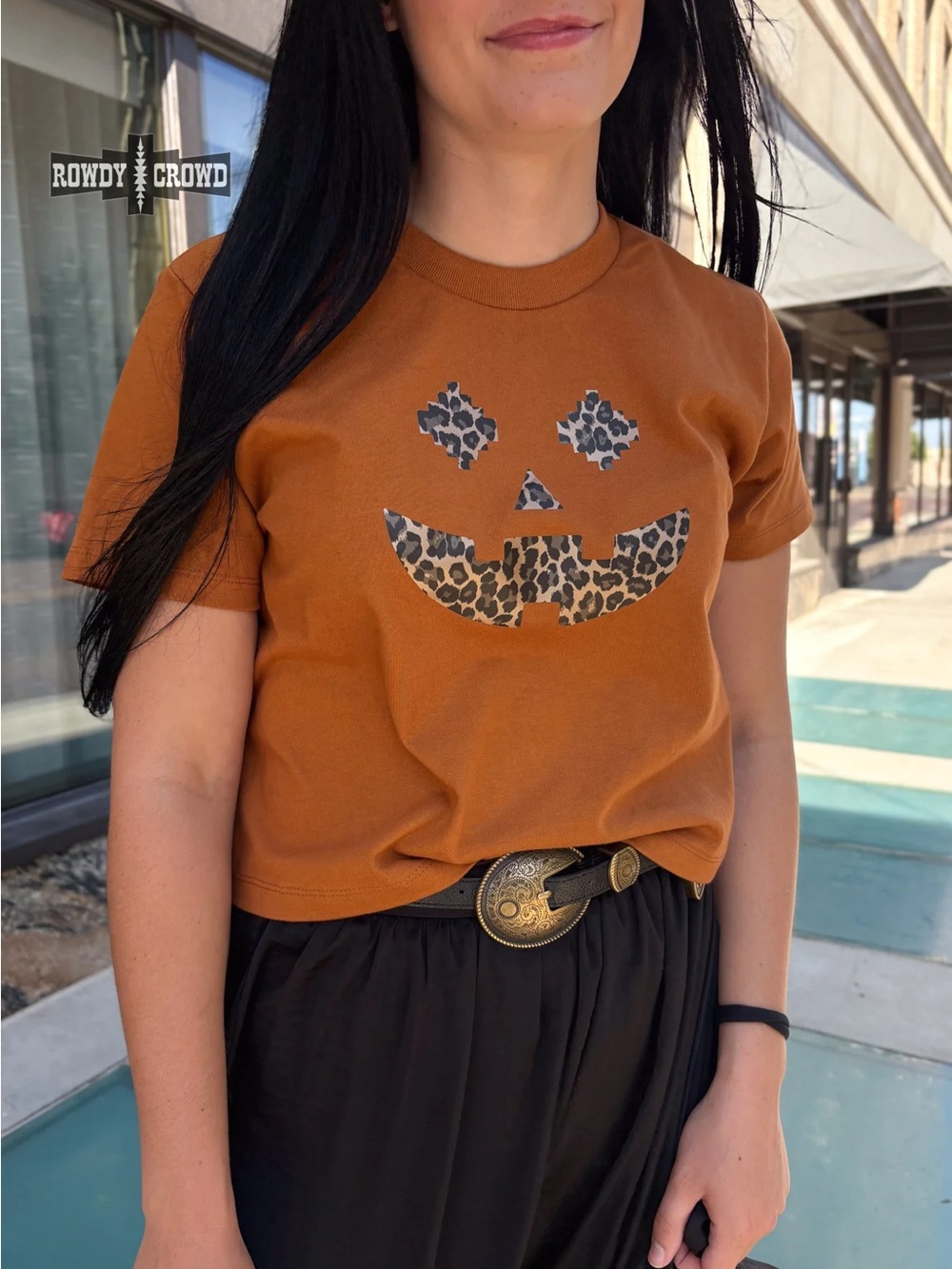 Semi-Cropped Halloween Leopard Tee - Pumpkin Spice